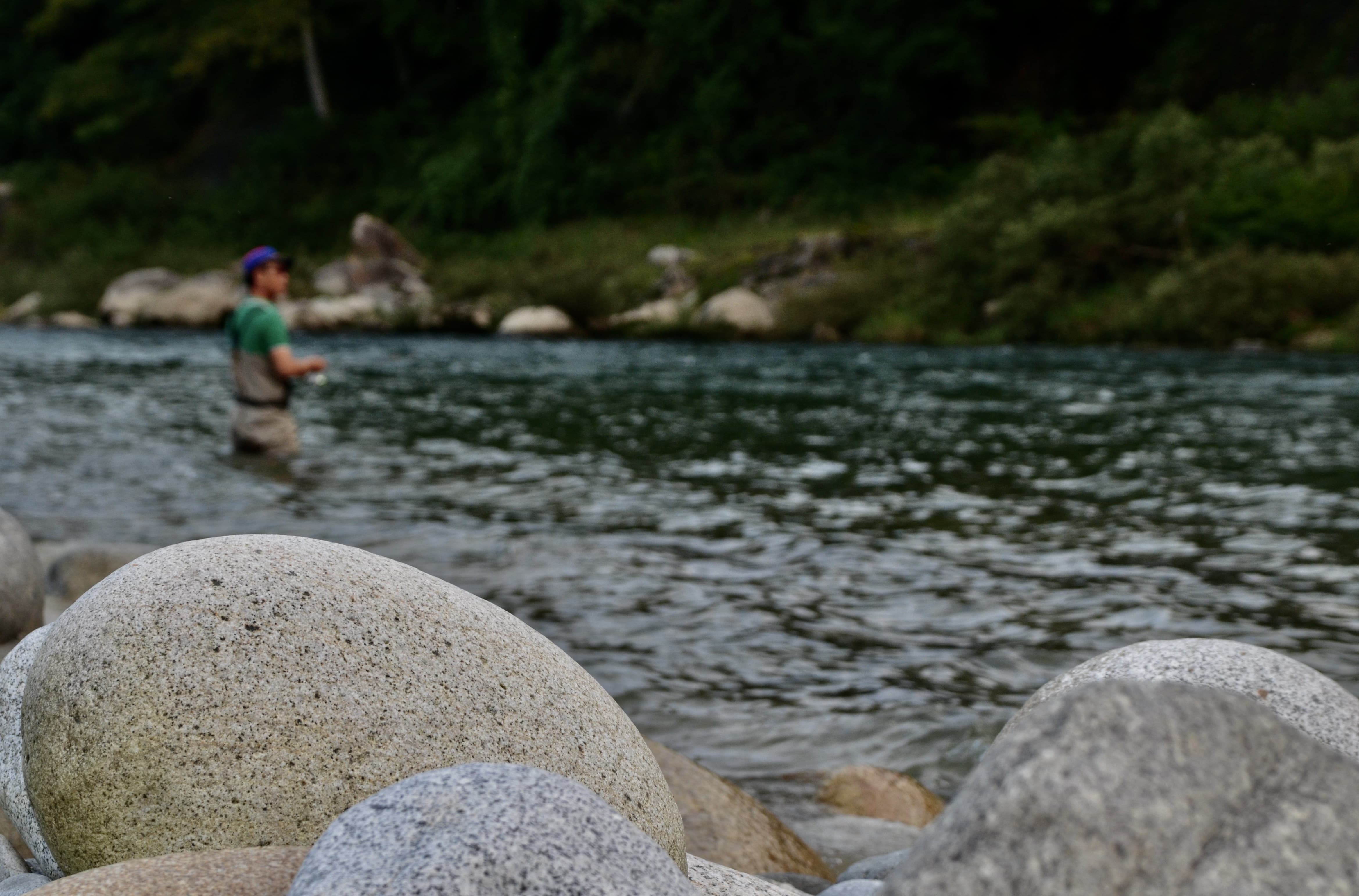 灰色の玉石とウェーディングしている釣り人